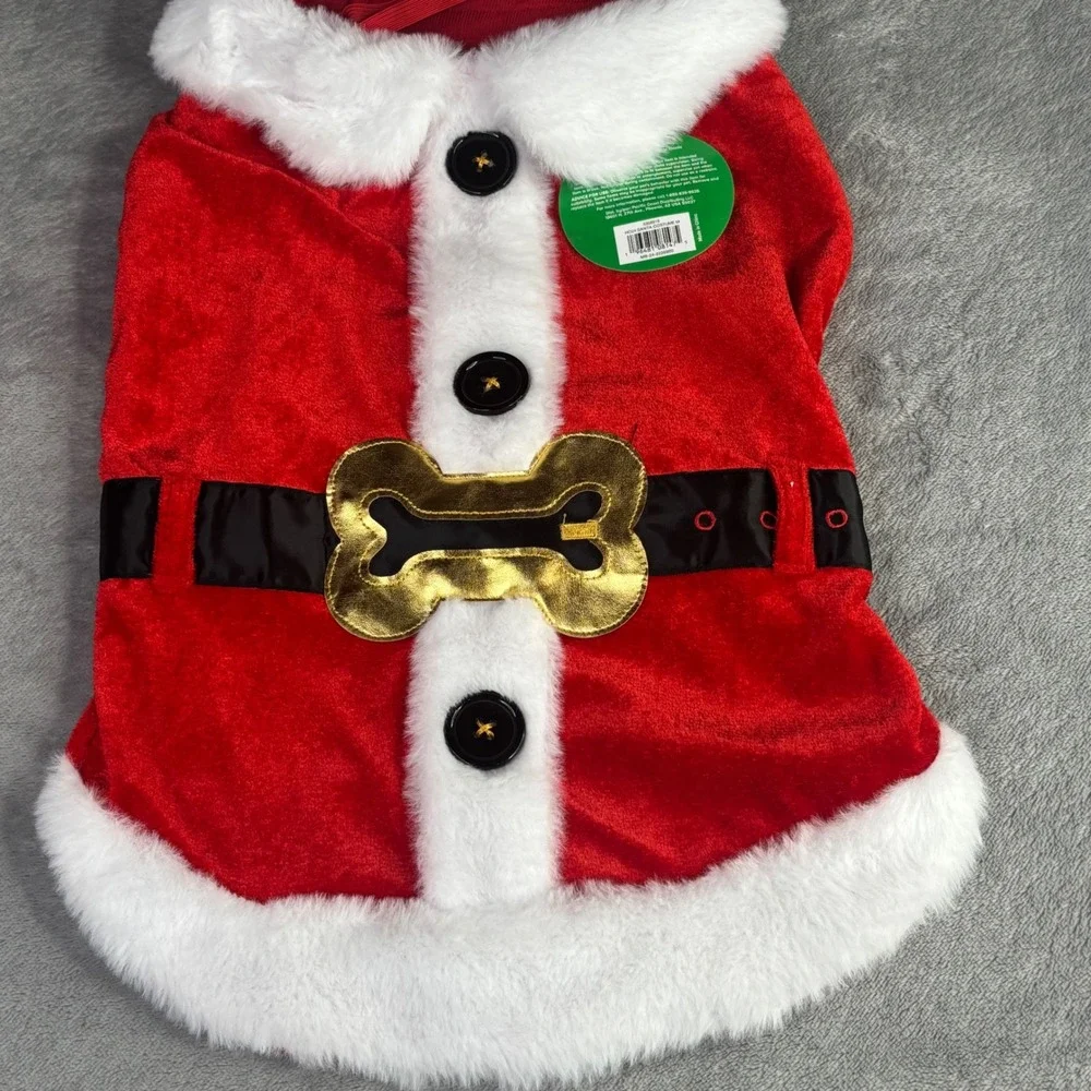Merry & Bright Santa Dog‎ Costume Medium Red White Faux Fur Bone Buckle Holiday